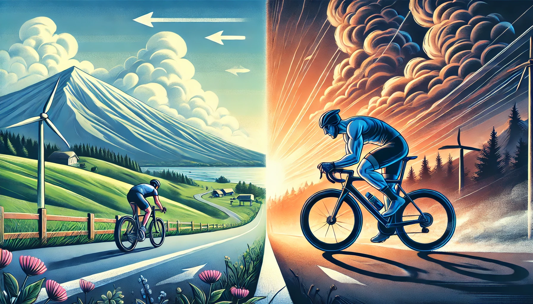 DALL·E 2024-09-03 16.17.10 - A 16_9 format illustration showing a cyclist training on a road, representing both aerobic and anaerobic exercise, without any text, labels, or words